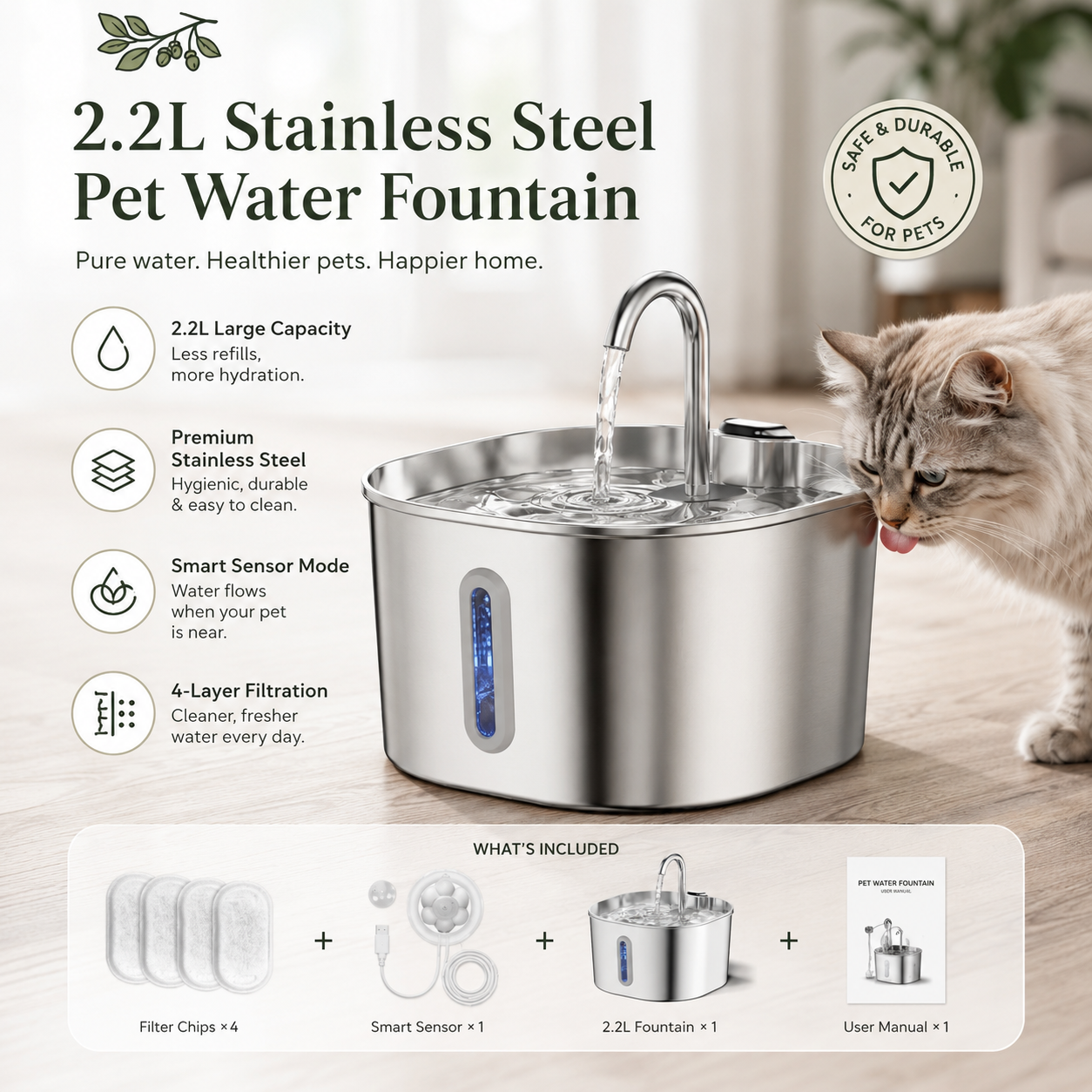 2.2L Stainless Steel Pet Water Fountain