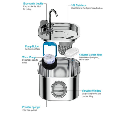 2.2L Stainless Steel Pet Water Fountain